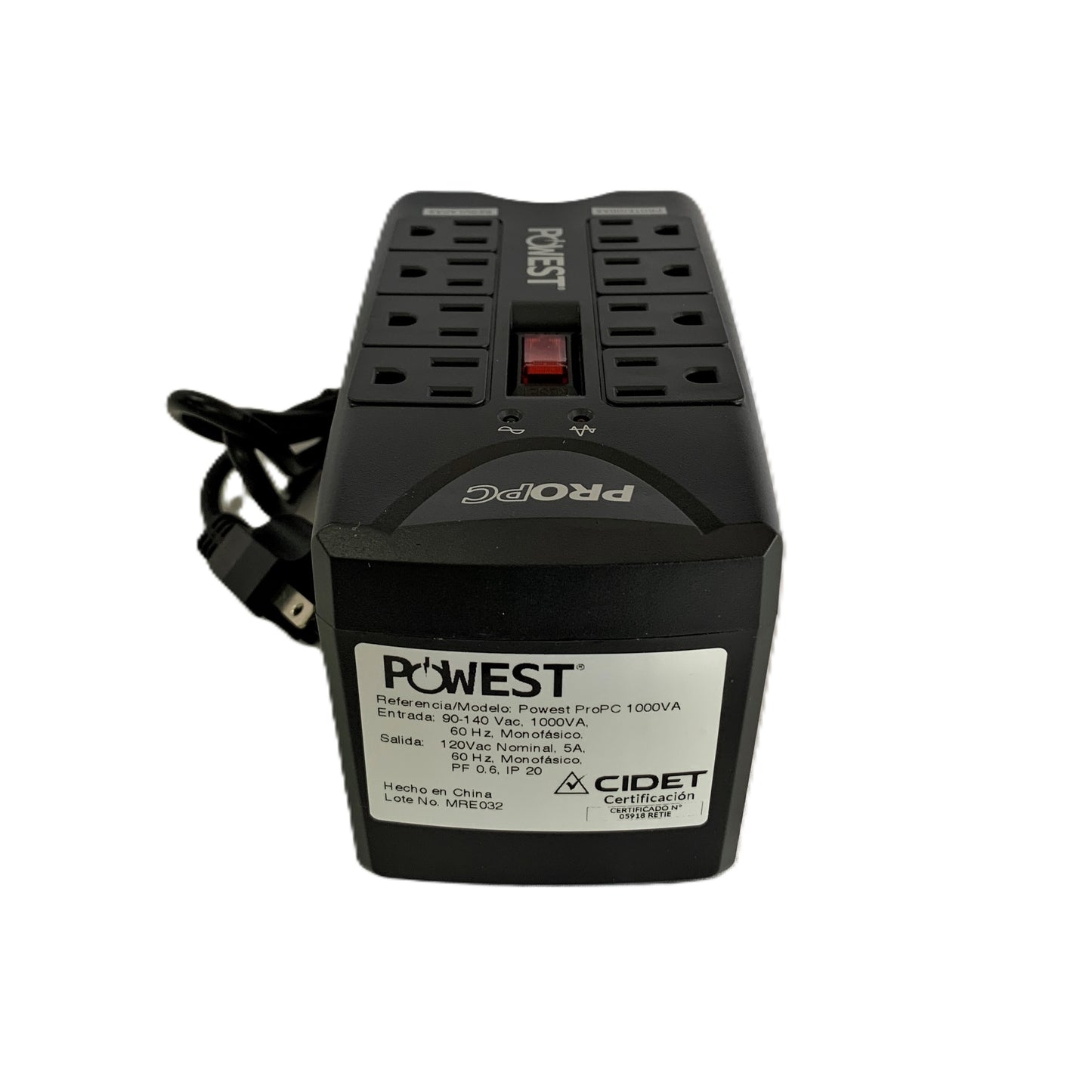 Regulador de Voltaje de 1000 VA 8 tomas marca Powest