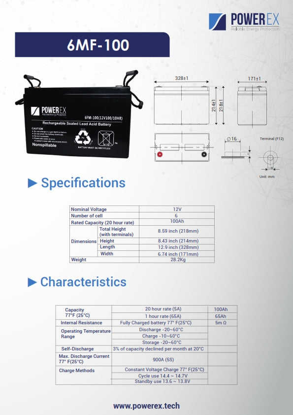 Bateria Recargable AGM 12 V 100 Ah sellada marca Power Ex