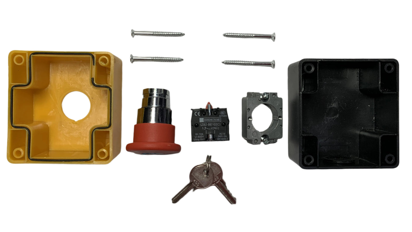 Boton Pulsador tipo hongo 40 mm de Emergencia con Llave y Caja