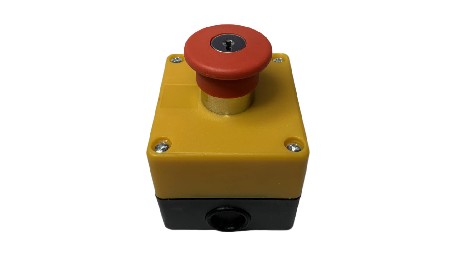 Boton Pulsador tipo hongo 40 mm de Emergencia con Llave y Caja