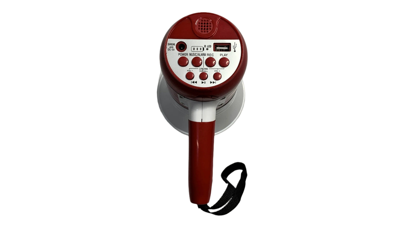 Mini Megafono recargable con USB grabacion y musica color Rojo con blanco