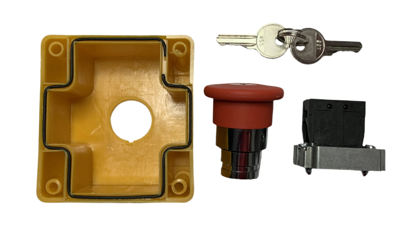 Boton Pulsador tipo hongo 40 mm de Emergencia con Llave y Caja