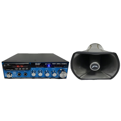 Combo Amplificador de Perifoneo 30 W Radio FM Bluetooth y USB + Corneta de Perifoneo Rectangular