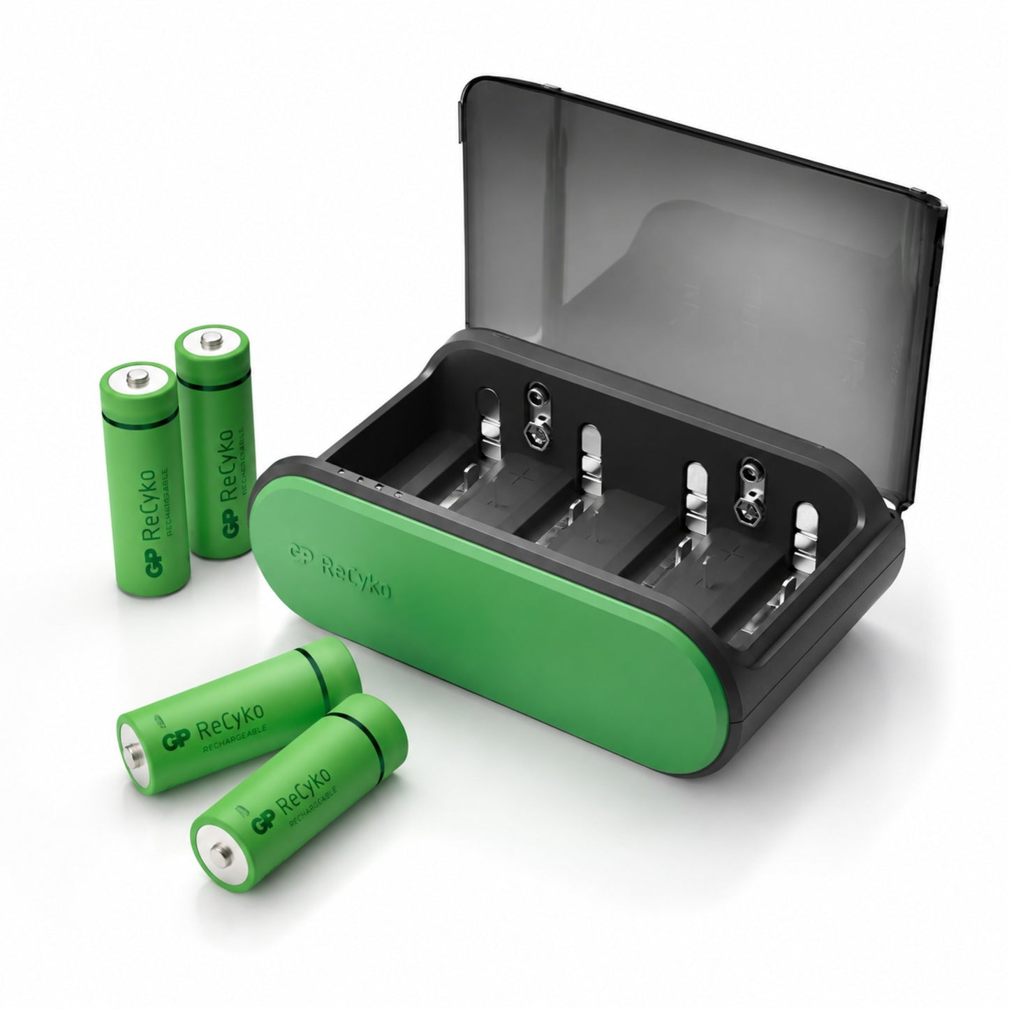 Cargador Universal de pilas AA, AAA, C, D y baterias 9 V marca GP Recyko