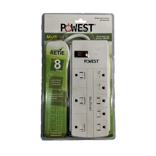 Cortapico Multitoma de 8 Tomas 1800 Watts color blanco marca Powest