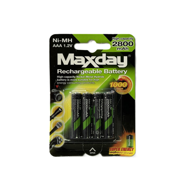 Pilas recargables tamaño AAA paquete de 4 unidades 2800 mAh marca Maxday