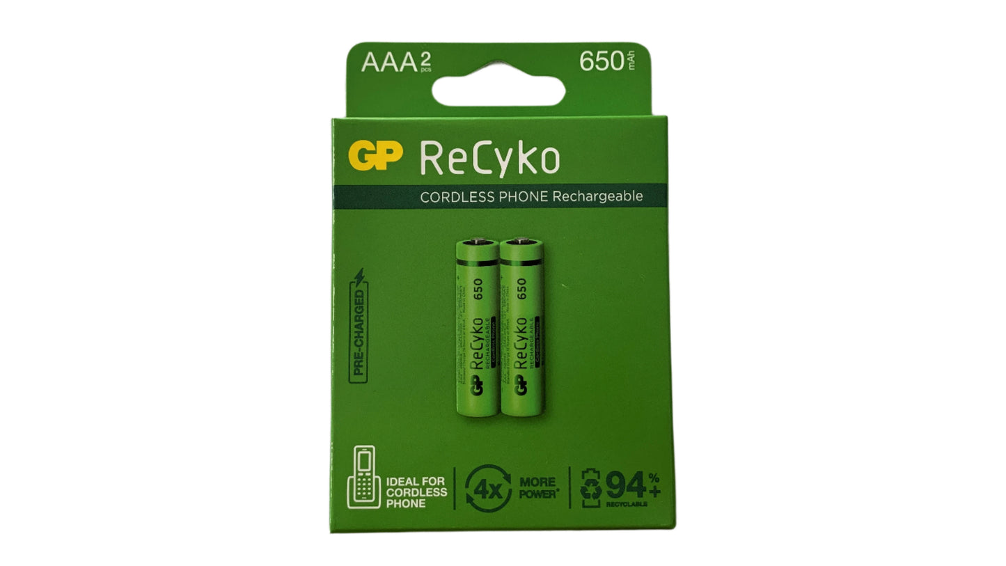 Pilas recargables tamaño AAA de 650 mAh marca GP