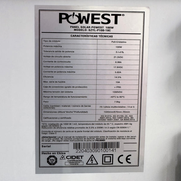 Panel Solar de 100 Watts de Potencia marca Powest